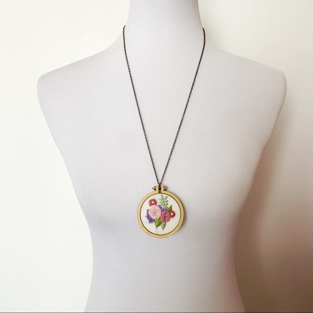 Handmade // Embroidered Flower Pendant Necklace - Picture 2 of 8